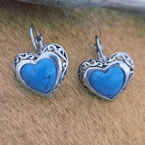 Silver Tone Heart Earrings with Blue Faux Turquiose Accent